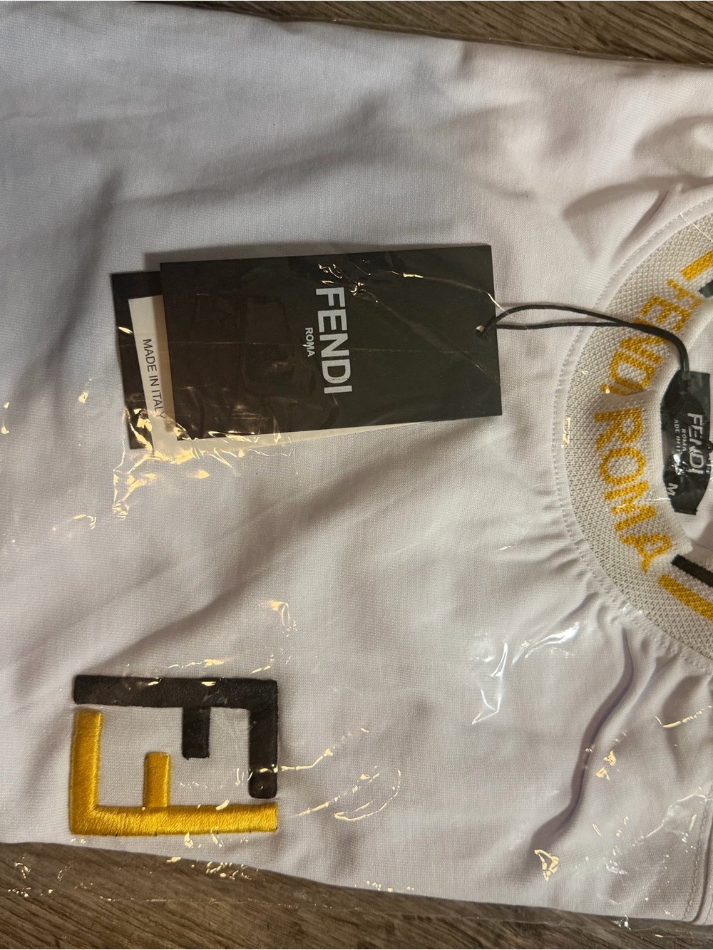 Fendi White T-Shirt with Yellow & Black Logo Embroidery